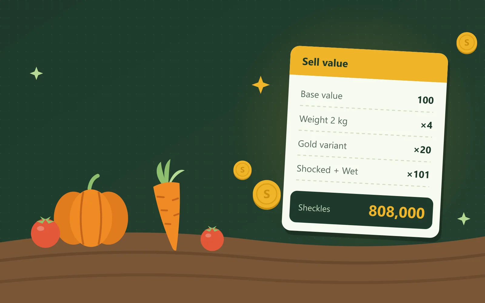 Illustrated receipt pricing a crop at 808,000 sheckles from a base value of 100, a 2 kg weight, the Gold variant and the Shocked and Wet mutations, next to a carrot, a pumpkin and tomatoes in a garden bed
