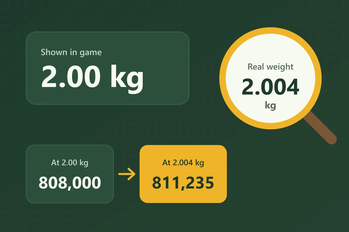 The game shows 2.00 kg while a magnifying glass reveals the real weight of 2.004 kg, which moves the sell value from 808,000 to 811,235 sheckles