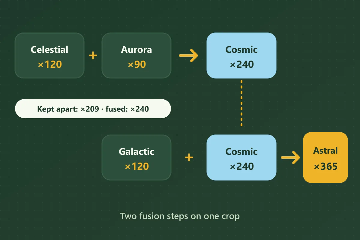 Celestial ×120 plus Aurora ×90 fuse into Cosmic ×240, worth more than the ×209 they give apart, and Cosmic plus Galactic ×120 then fuse into Astral ×365